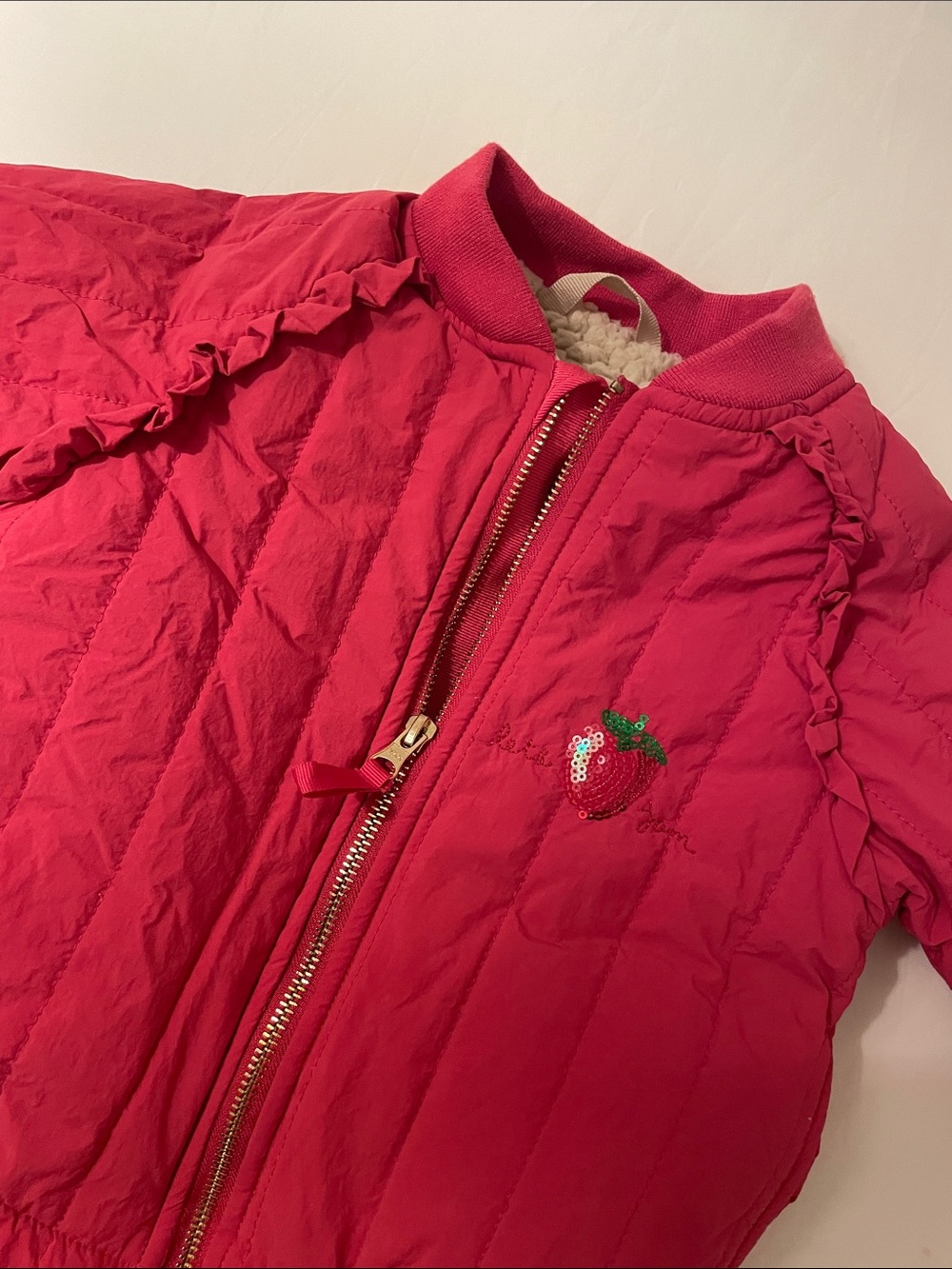 Konges Slojd Girls' Red Quilted Bomber Jacket with Strawberry Patch Size 2 Years - Picture 4 of 9